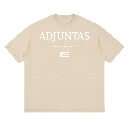 Adjuntas, Puerto Rico town graphic on a Gray Apricot oversized drop-shoulder t-shirt, front view.