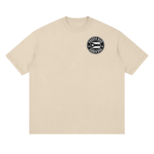 Distressed Puerto Rican flag stamp on a Gray Apricot oversized drop-shoulder t-shirt, front view.