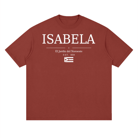 Isabela, Puerto Rico town graphic on a Brick Red oversized drop-shoulder t-shirt, front view.