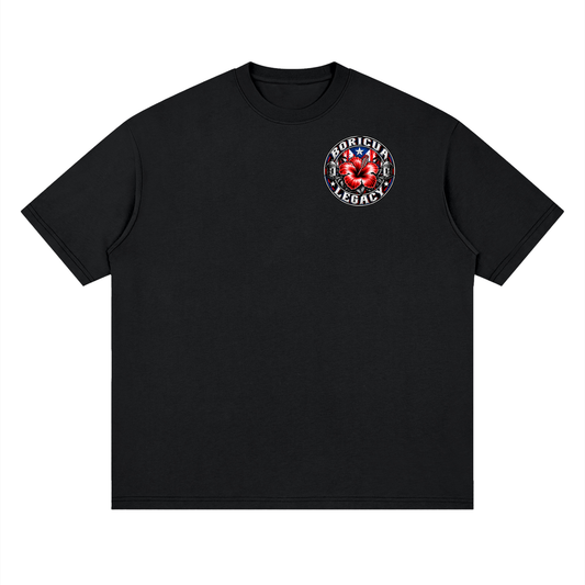 Flor de maga, Puerto Rico's national flower, on a Black Beauty oversized drop-shoulder t-shirt, front view.