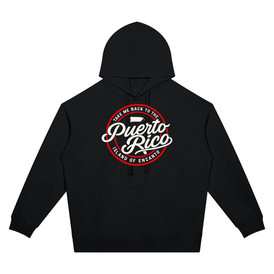 Black Take Me Back hoodie, front with a round red Puerto Rico script badge