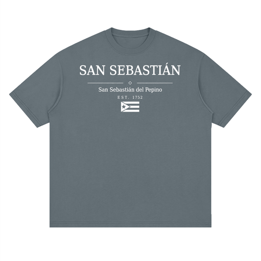 San Sebastian, Puerto Rico town graphic on a Gray Blue oversized drop-shoulder t-shirt, front view.