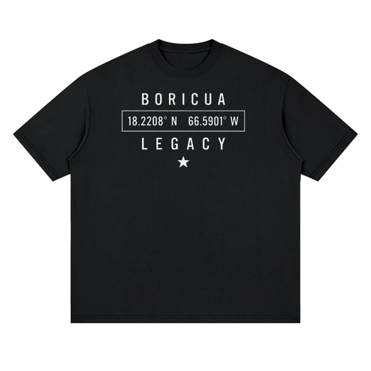 Puerto Rico coordinates 18.2208 N 66.5901 W on a black oversized drop-shoulder t-shirt, front view.