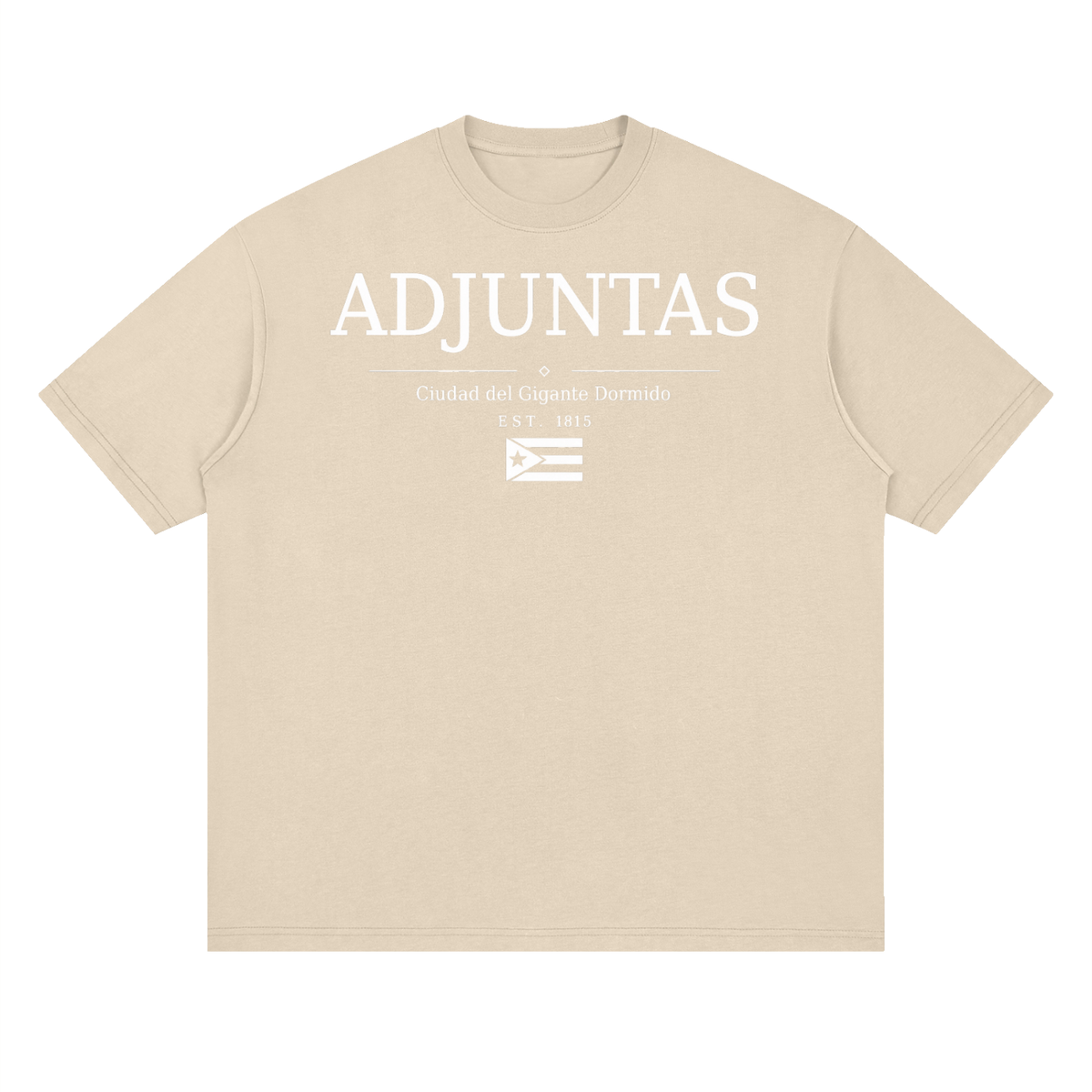 Adjuntas, Puerto Rico town graphic on a Gray Apricot oversized drop-shoulder t-shirt, front view.
