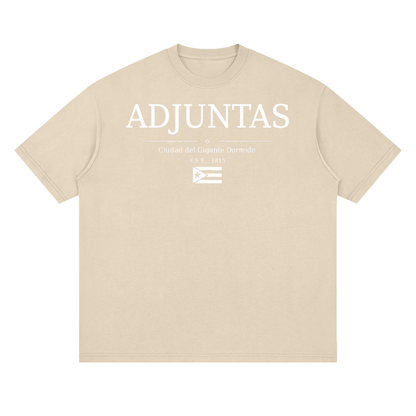 Adjuntas, Puerto Rico town graphic on a Gray Apricot oversized drop-shoulder t-shirt, front view.
