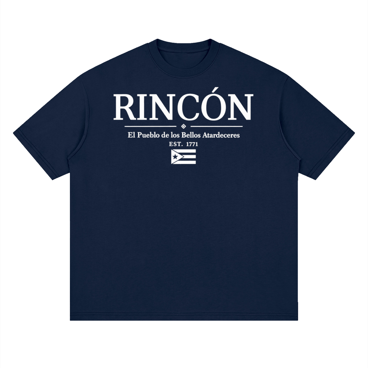 Rincon, Puerto Rico town graphic on a Navy Blue oversized drop-shoulder t-shirt, front view.