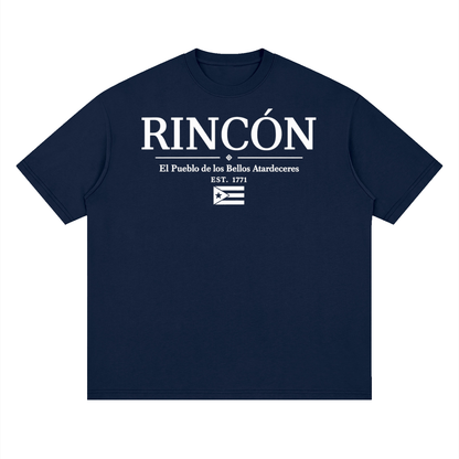 Rincon, Puerto Rico town graphic on a Navy Blue oversized drop-shoulder t-shirt, front view.