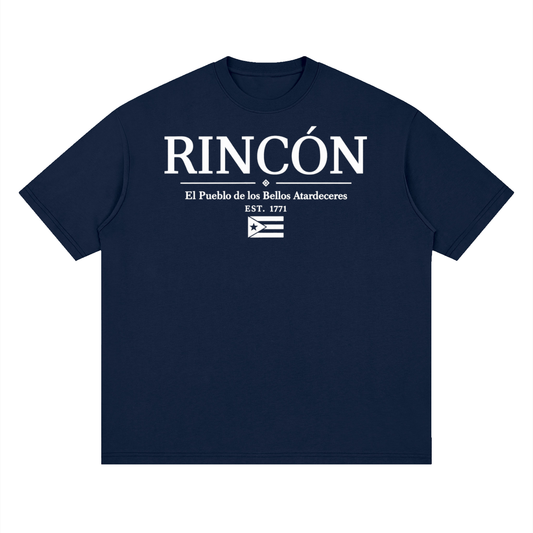 Rincon, Puerto Rico town graphic on a Navy Blue oversized drop-shoulder t-shirt, front view.