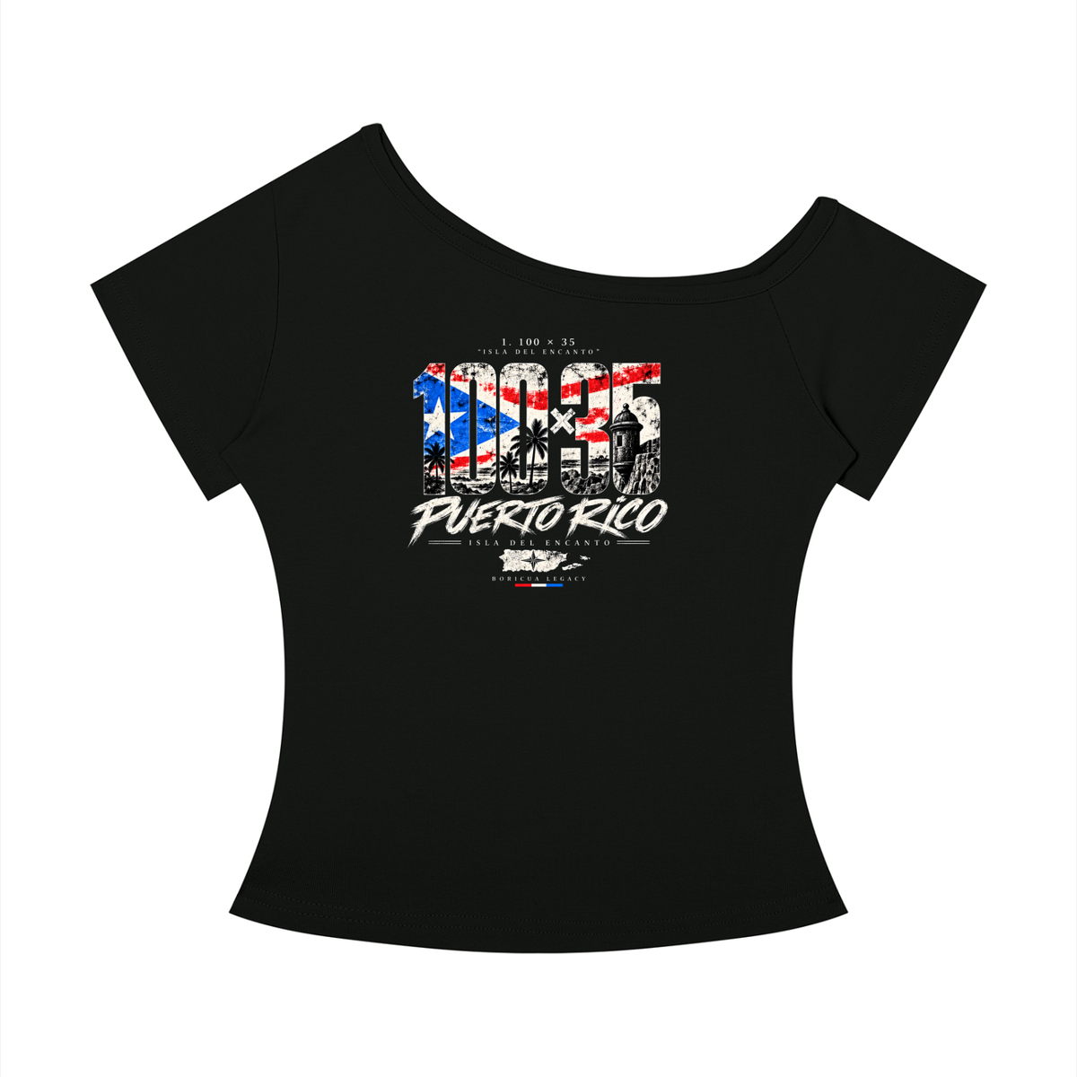 Isla del Encanto Off-Shoulder Tee in black, front