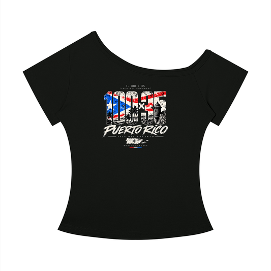 Isla del Encanto Off-Shoulder Tee in black, front