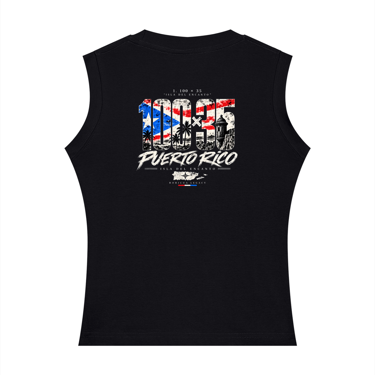 Isla del Encanto Tank in black, back with Puerto Rico graphic