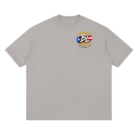 100 x 35 Puerto Rico graphic on a Light Gray oversized drop-shoulder t-shirt, front view.