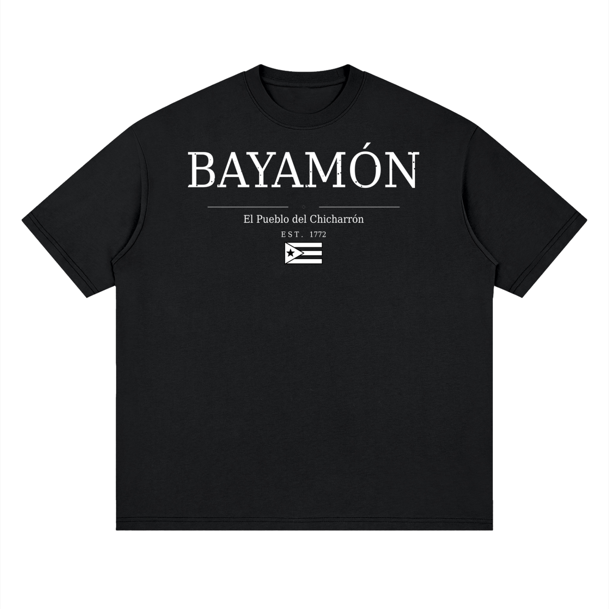 All 78 Puerto Rico town names on a Black Beauty oversized drop-shoulder t-shirt, front view.