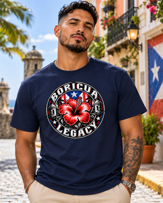 Flor de Maga Tee (Navy) – model wearing Boricua Legacy Puerto Rican streetwear