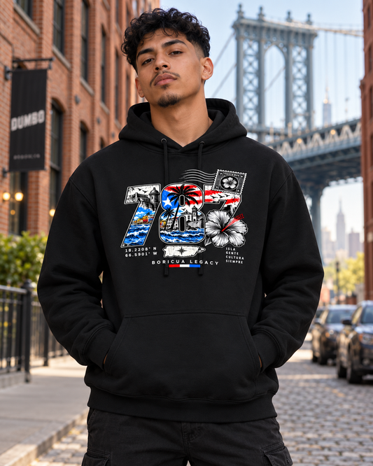 787 Hoodie – model wearing Boricua Legacy Puerto Rican streetwear