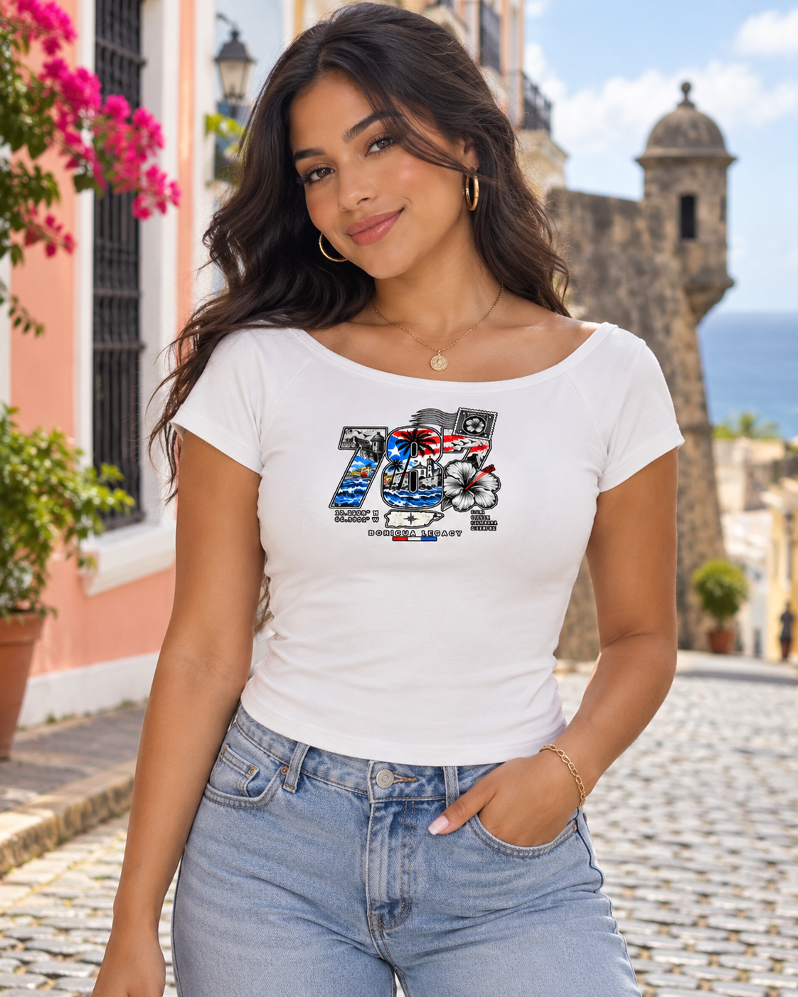 Woman wearing the 787 Puerto Rico area code off-shoulder tee in white