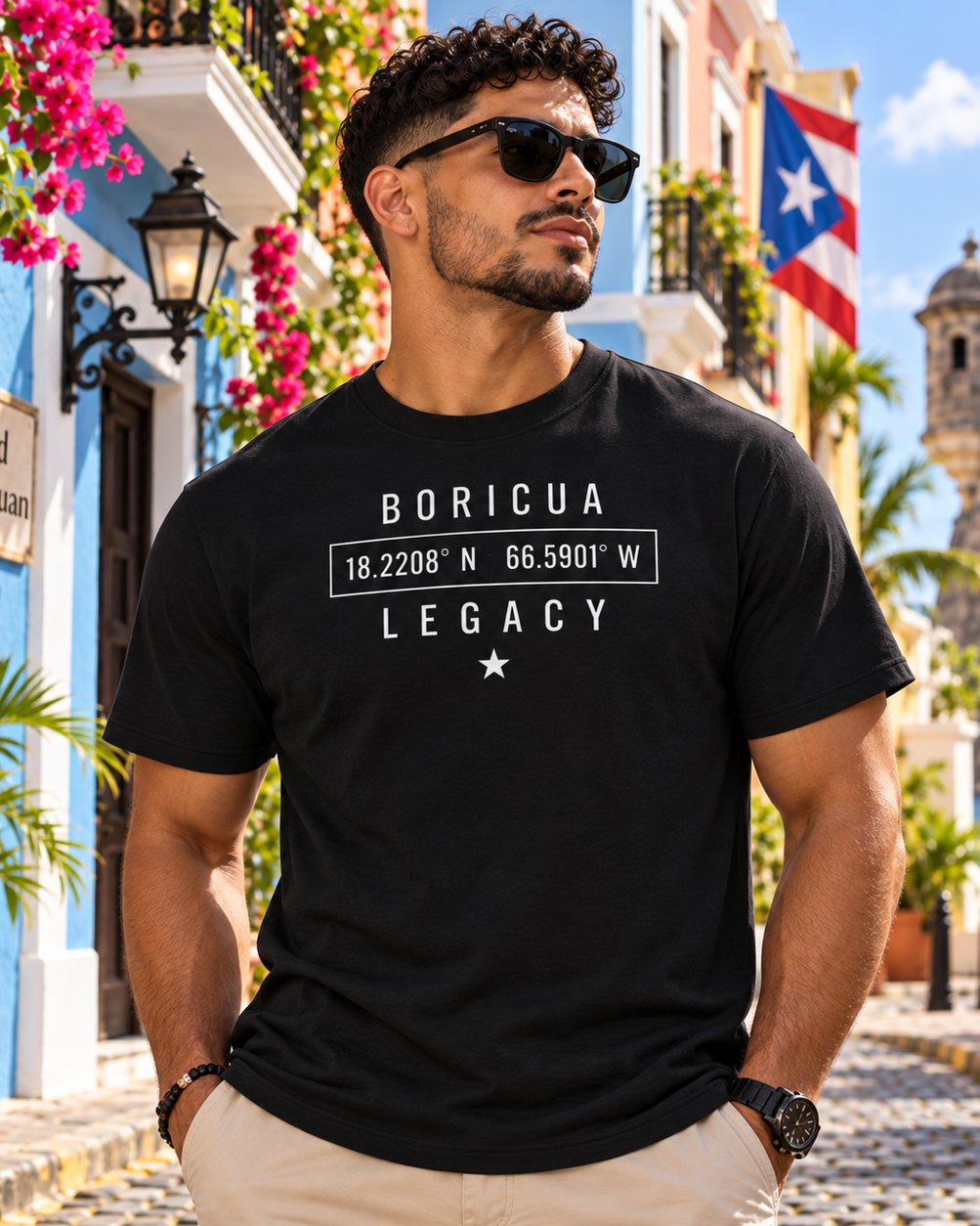 Puerto Rico Coordinates Tee – model wearing Boricua Legacy Puerto Rican streetwear