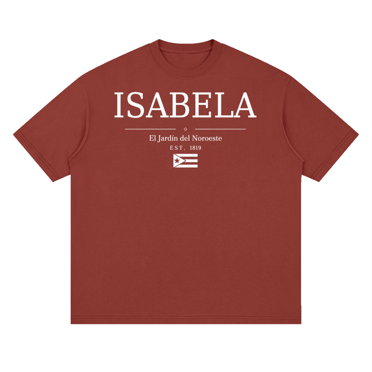 Isabela, Puerto Rico town graphic on a Brick Red oversized drop-shoulder t-shirt, front view.