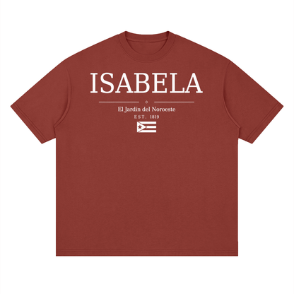 Isabela, Puerto Rico town graphic on a Brick Red oversized drop-shoulder t-shirt, front view.