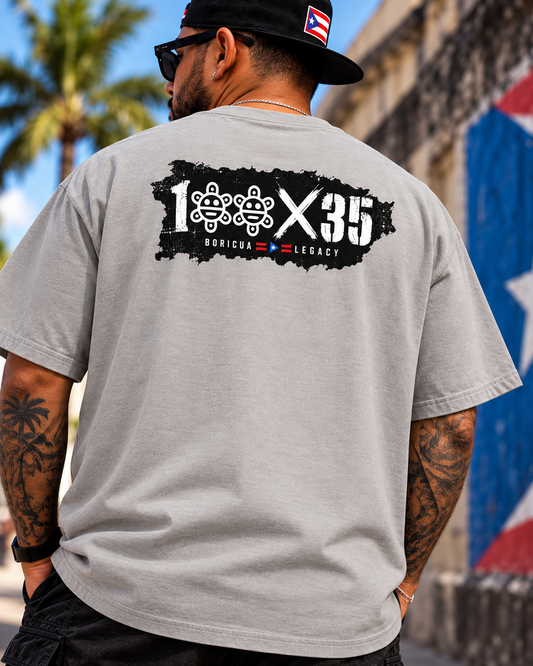 100 x 35 Tee – model wearing Boricua Legacy Puerto Rican streetwear