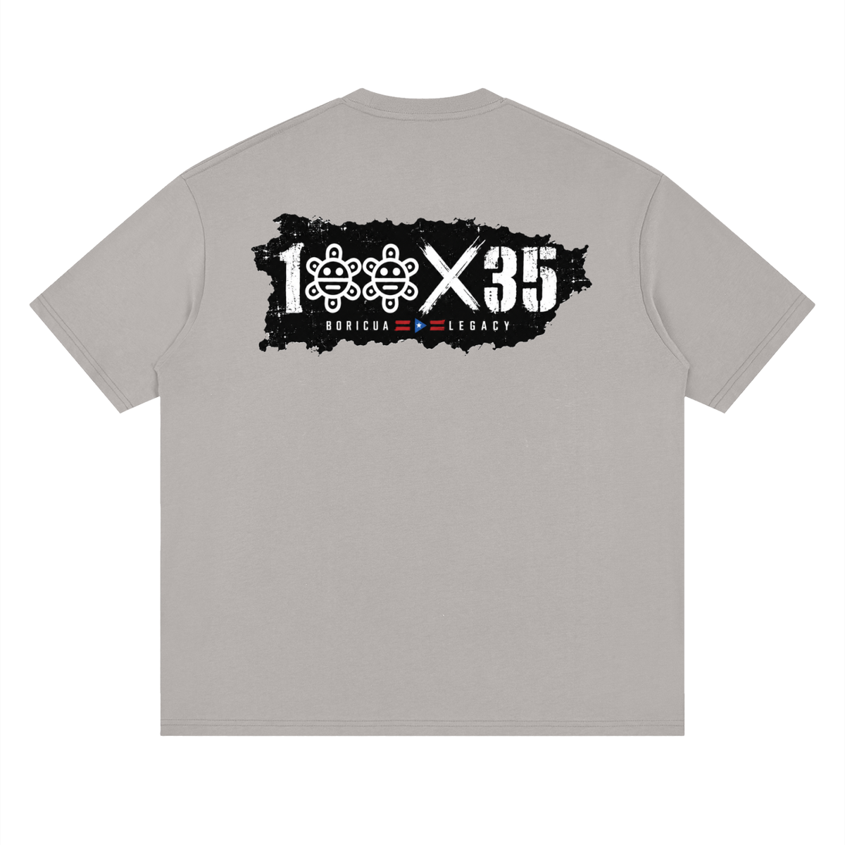 Back print of the 100 x 35 Puerto Rico tee in Light Gray.