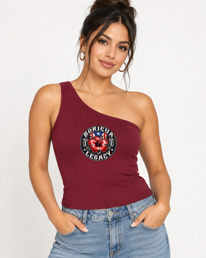 Woman wearing the Boricua Legacy crest one-shoulder crop tank in wine red