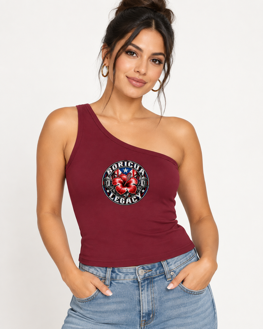 Woman wearing the Boricua Legacy crest one-shoulder crop tank in wine red