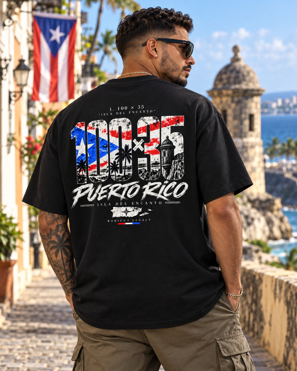 Isla del Encanto Tee – model wearing Boricua Legacy Puerto Rican streetwear