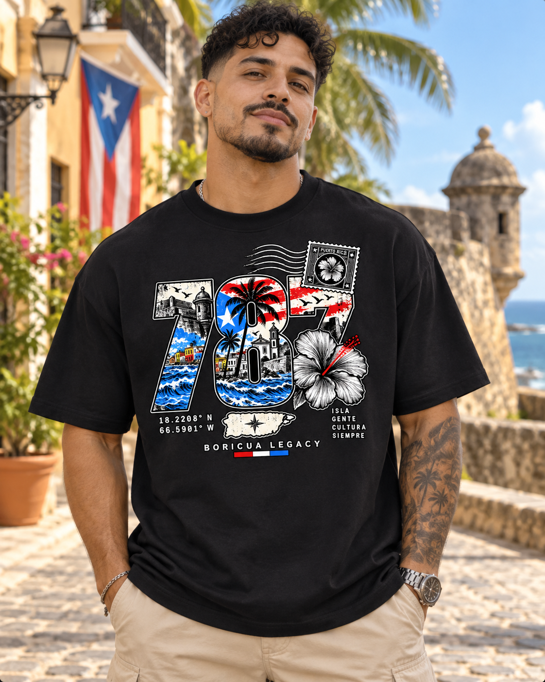 787 Tee – model wearing Boricua Legacy Puerto Rican streetwear
