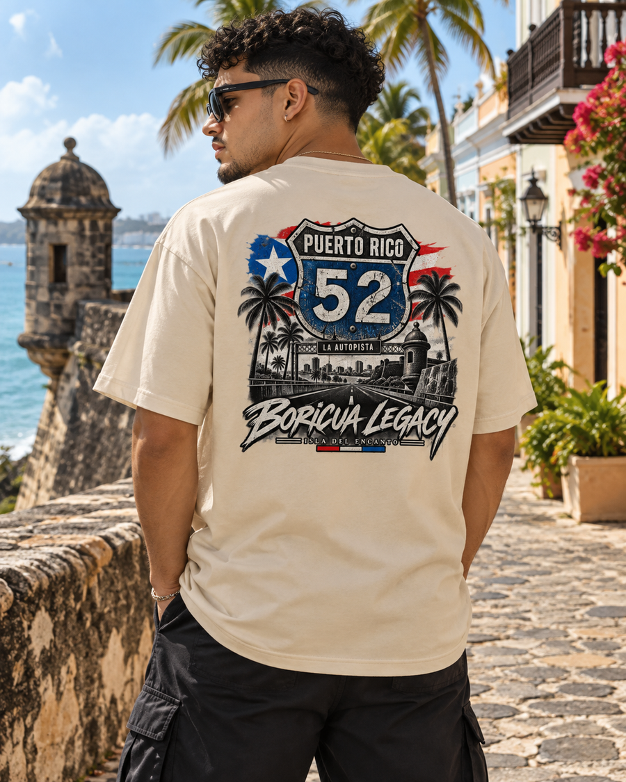 PR-52 Tee (La Autopista) – model wearing Boricua Legacy Puerto Rican streetwear