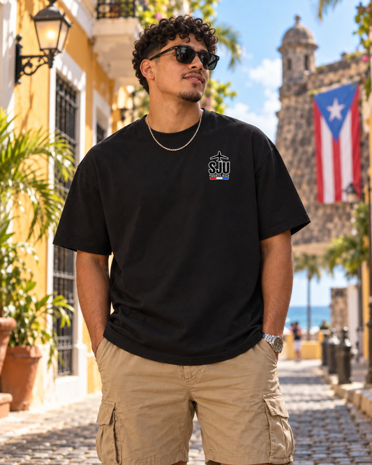 SJU Tee (Black) – model wearing Boricua Legacy Puerto Rican streetwear