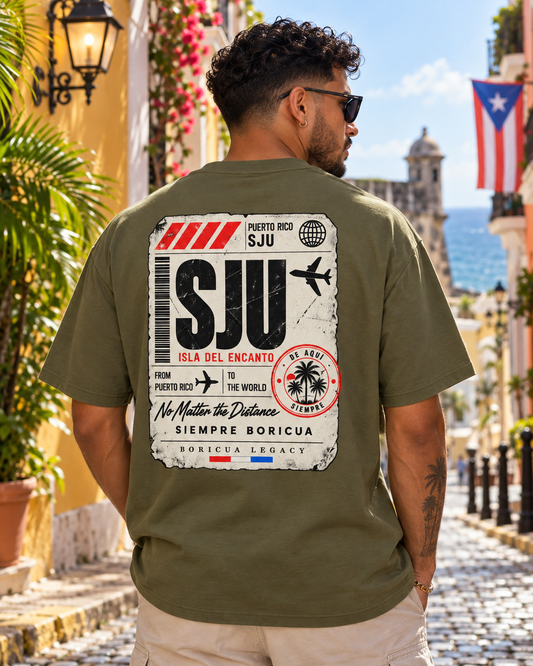 SJU Tee (Olive) – model wearing Boricua Legacy Puerto Rican streetwear