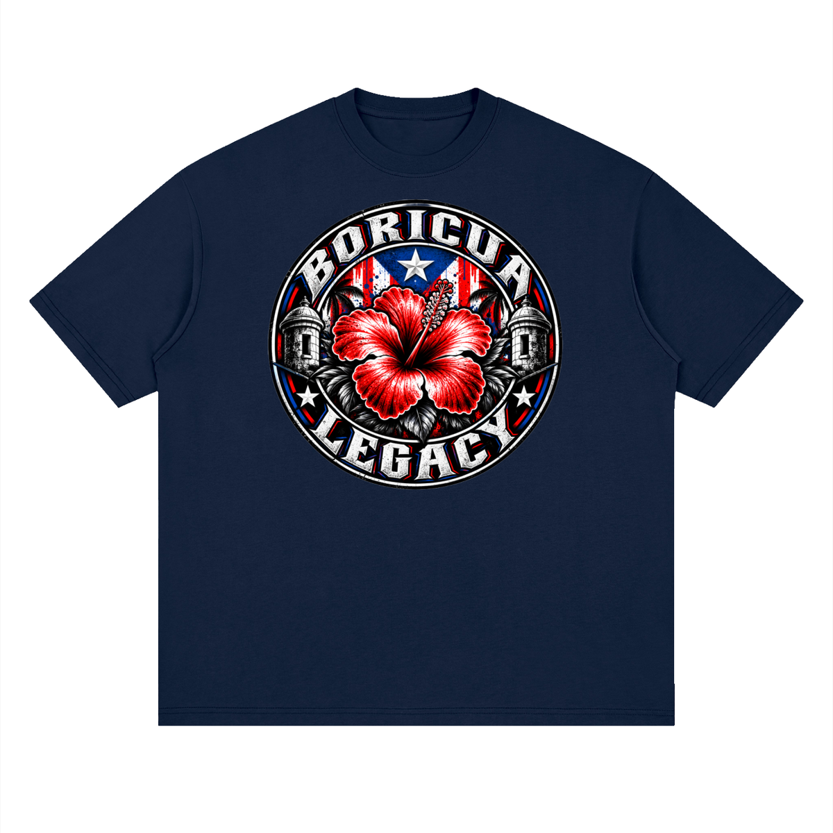Flor de maga, Puerto Rico's national flower, on a Navy Blue oversized drop-shoulder t-shirt, front view.