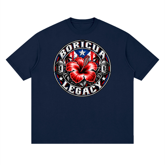 Flor de maga, Puerto Rico's national flower, on a Navy Blue oversized drop-shoulder t-shirt, front view.