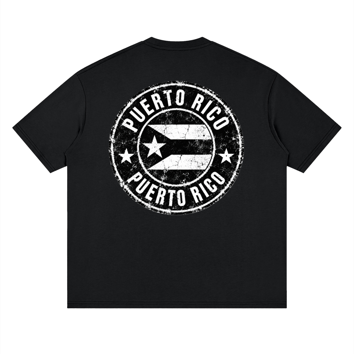 Back print of the vintage distressed Puerto Rican flag tee in Black Beauty.