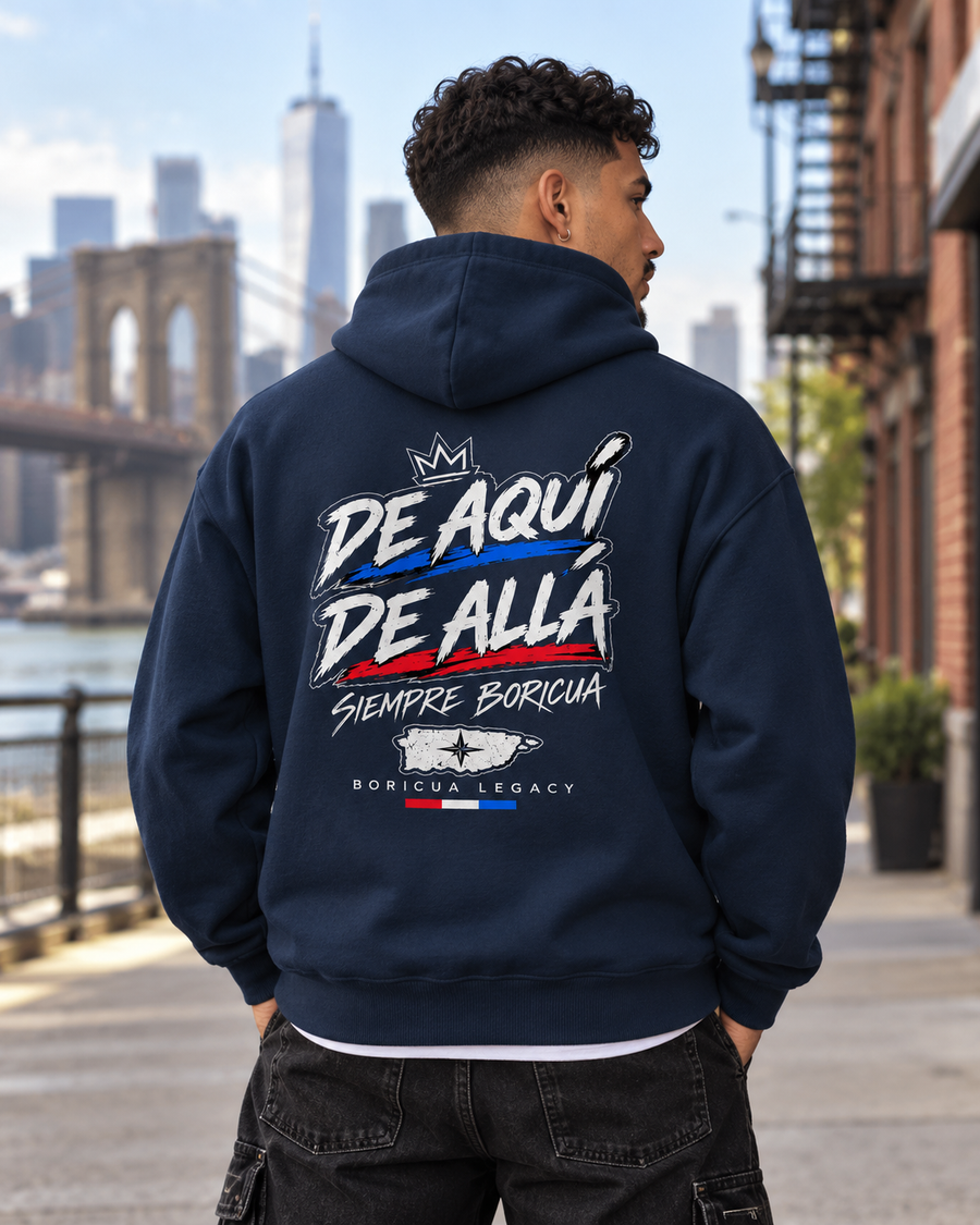 De Aquí De Allá Hoodie – model wearing Boricua Legacy Puerto Rican streetwear