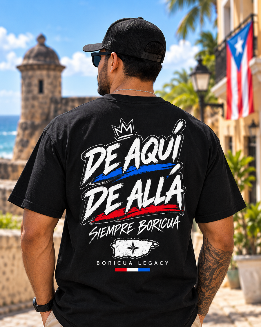 De Aquí De Allá Tee – model wearing Boricua Legacy Puerto Rican streetwear