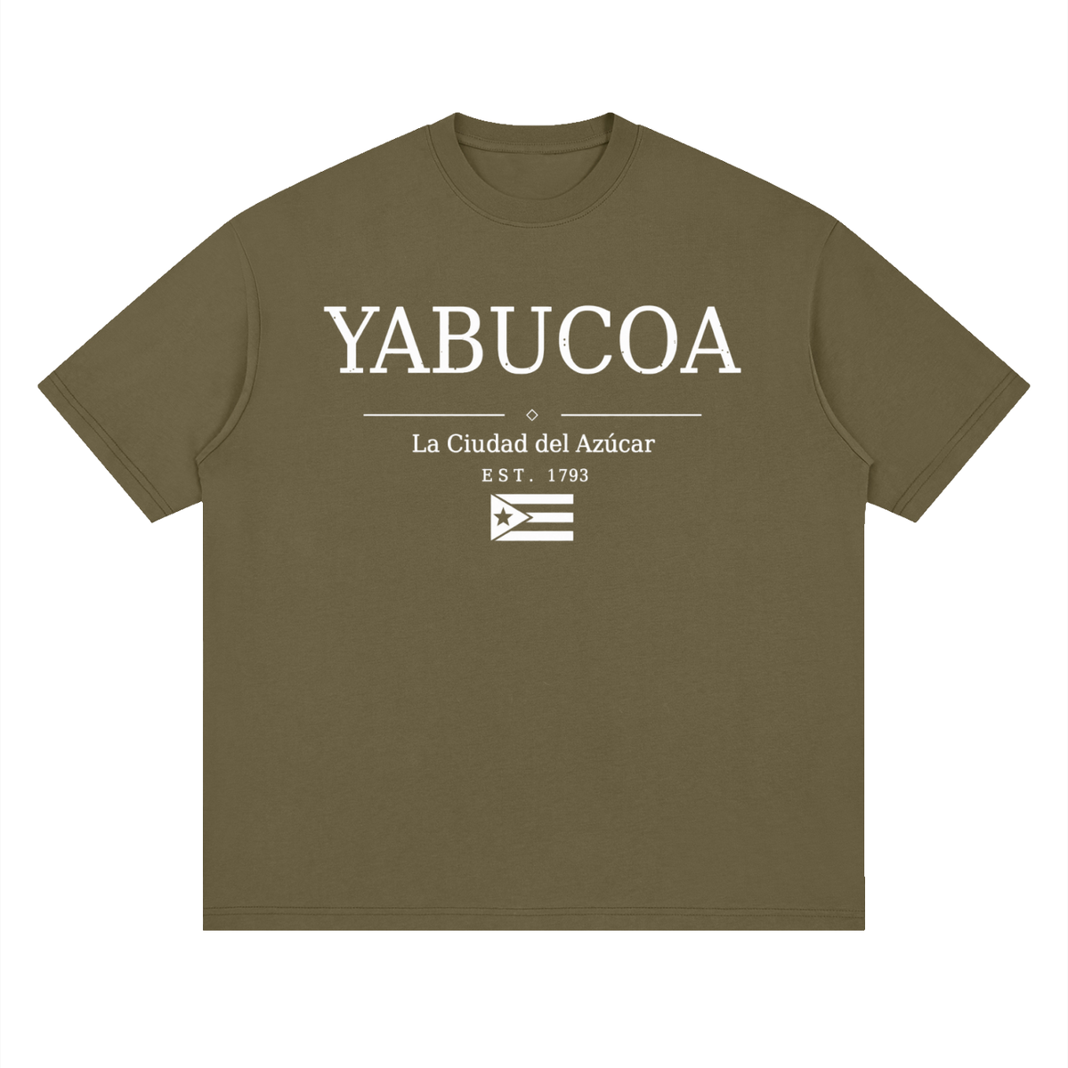 Yabucoa, Puerto Rico town graphic on a Gray Green oversized drop-shoulder t-shirt, front view.