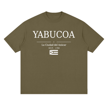 Yabucoa, Puerto Rico town graphic on a Gray Green oversized drop-shoulder t-shirt, front view.