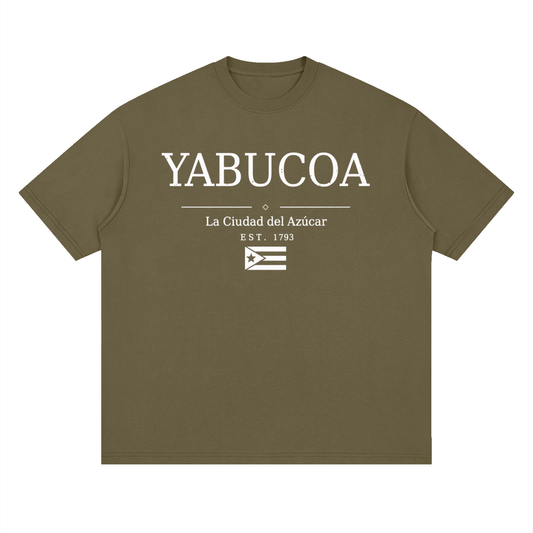 Yabucoa, Puerto Rico town graphic on a Gray Green oversized drop-shoulder t-shirt, front view.