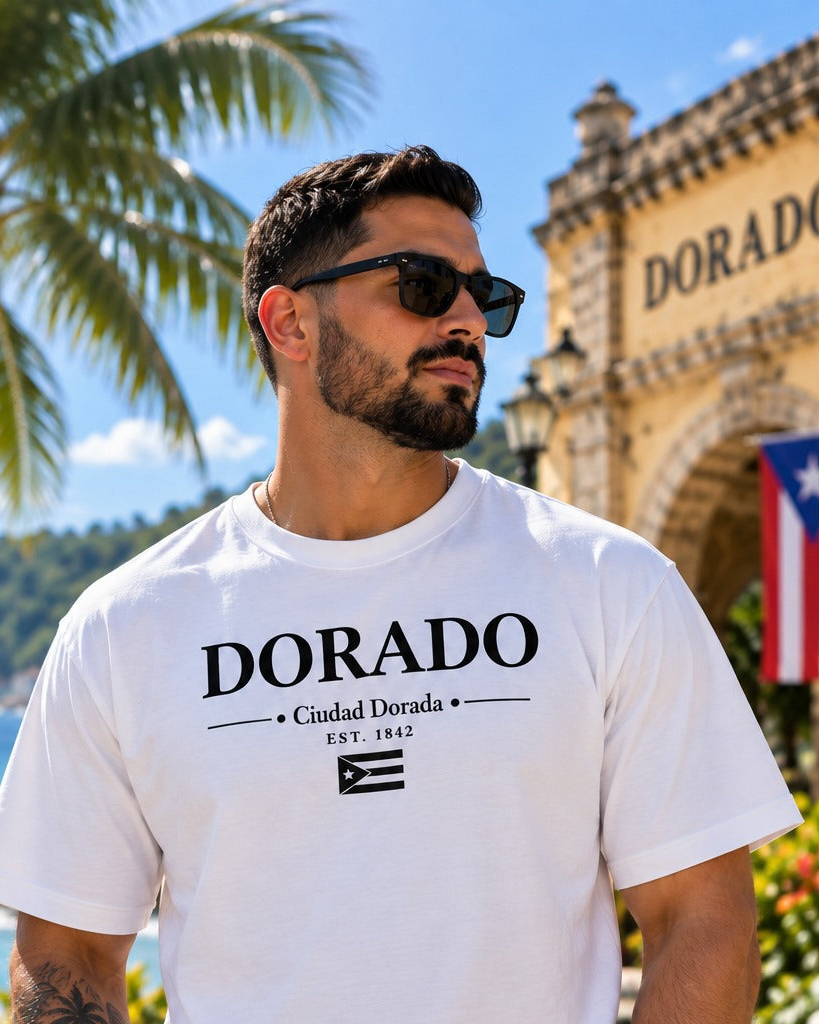 Dorado Puerto Rico Tee – model wearing Boricua Legacy Puerto Rican streetwear