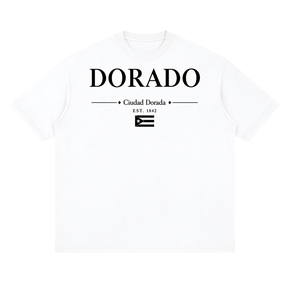 Dorado, Puerto Rico town graphic on a Lucent White oversized drop-shoulder t-shirt, front view.