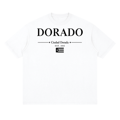 Dorado, Puerto Rico town graphic on a Lucent White oversized drop-shoulder t-shirt, front view.