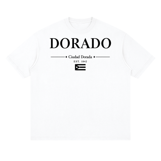 Dorado, Puerto Rico town graphic on a Lucent White oversized drop-shoulder t-shirt, front view.