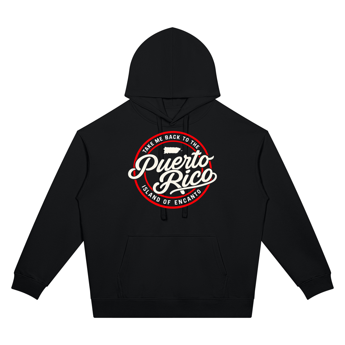 Black Take Me Back hoodie, front with a round red Puerto Rico script badge