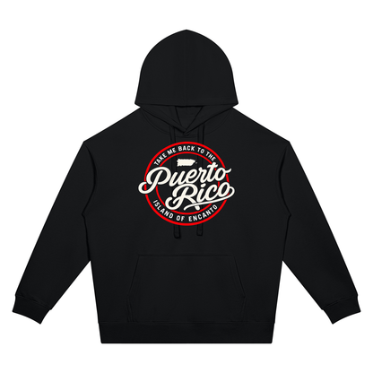 Black Take Me Back hoodie, front with a round red Puerto Rico script badge