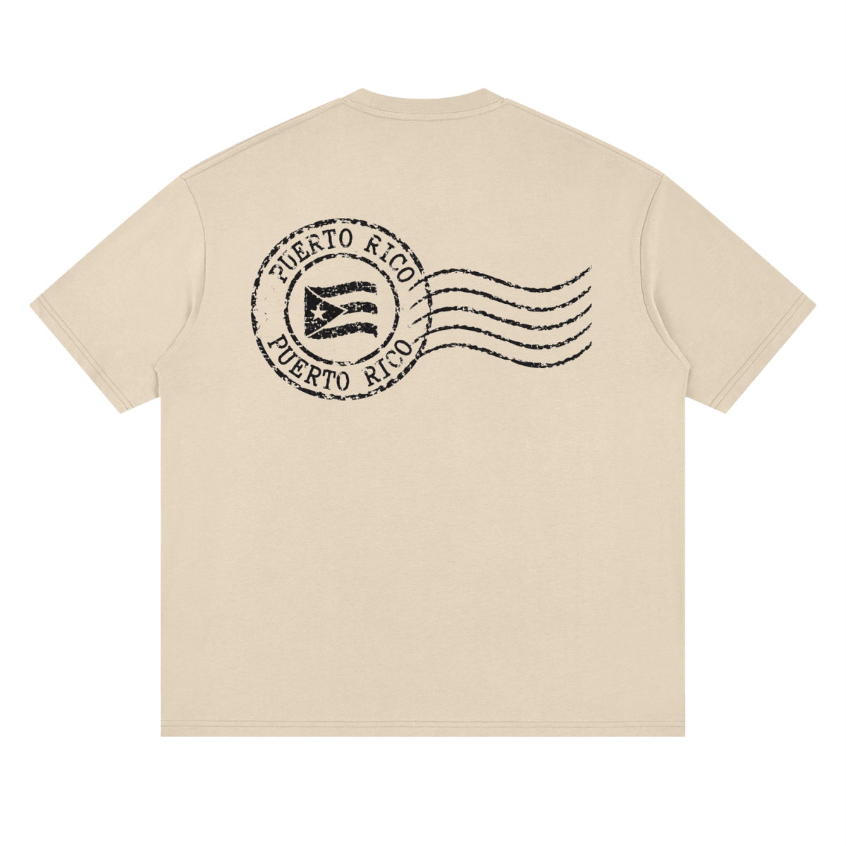 Back print of the distressed Puerto Rican flag stamp tee in Gray Apricot.