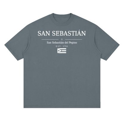 San Sebastian, Puerto Rico town graphic on a Gray Blue oversized drop-shoulder t-shirt, front view.