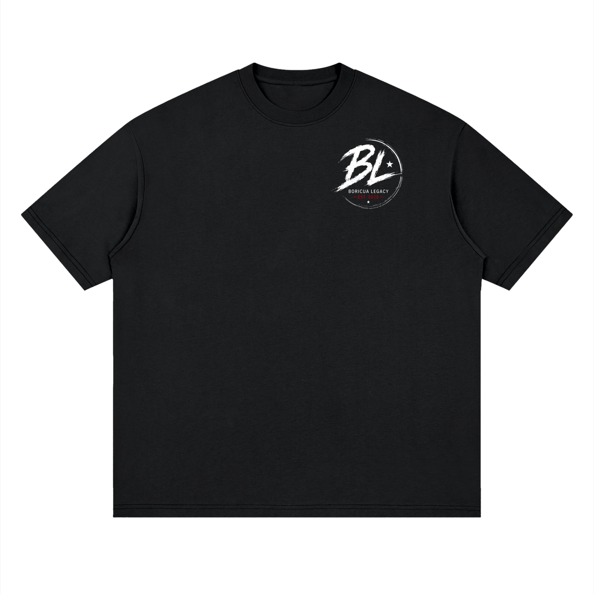 Vintage distressed Puerto Rican flag on a black oversized drop-shoulder t-shirt, front view.