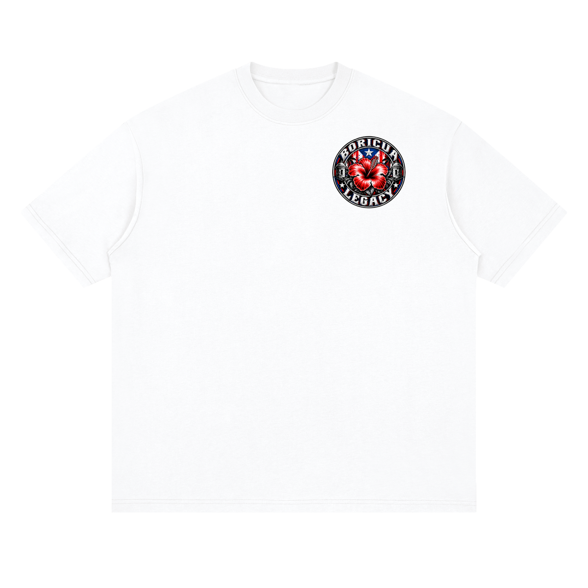 Flor de maga, Puerto Rico's national flower, on a Lucent White oversized drop-shoulder t-shirt, front view.